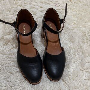 Patina Black Ankle-Strap Block Heels with Closed Toe